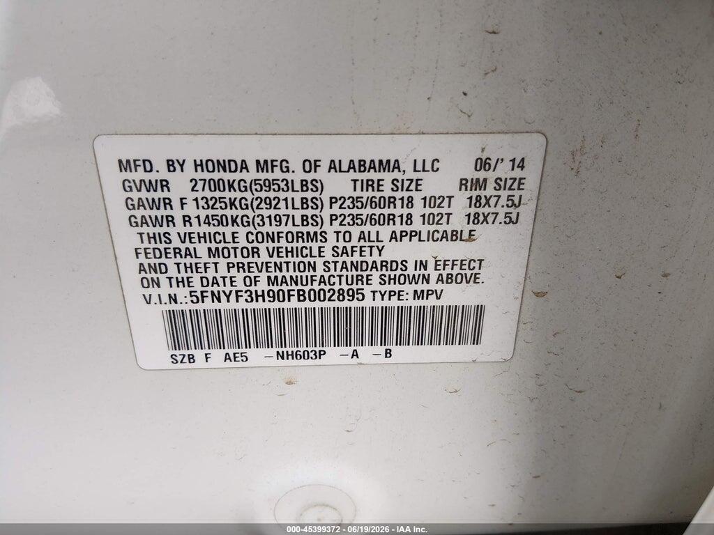 5FNYF3H90FB002895 2015 HONDA PILOT photo no. 9