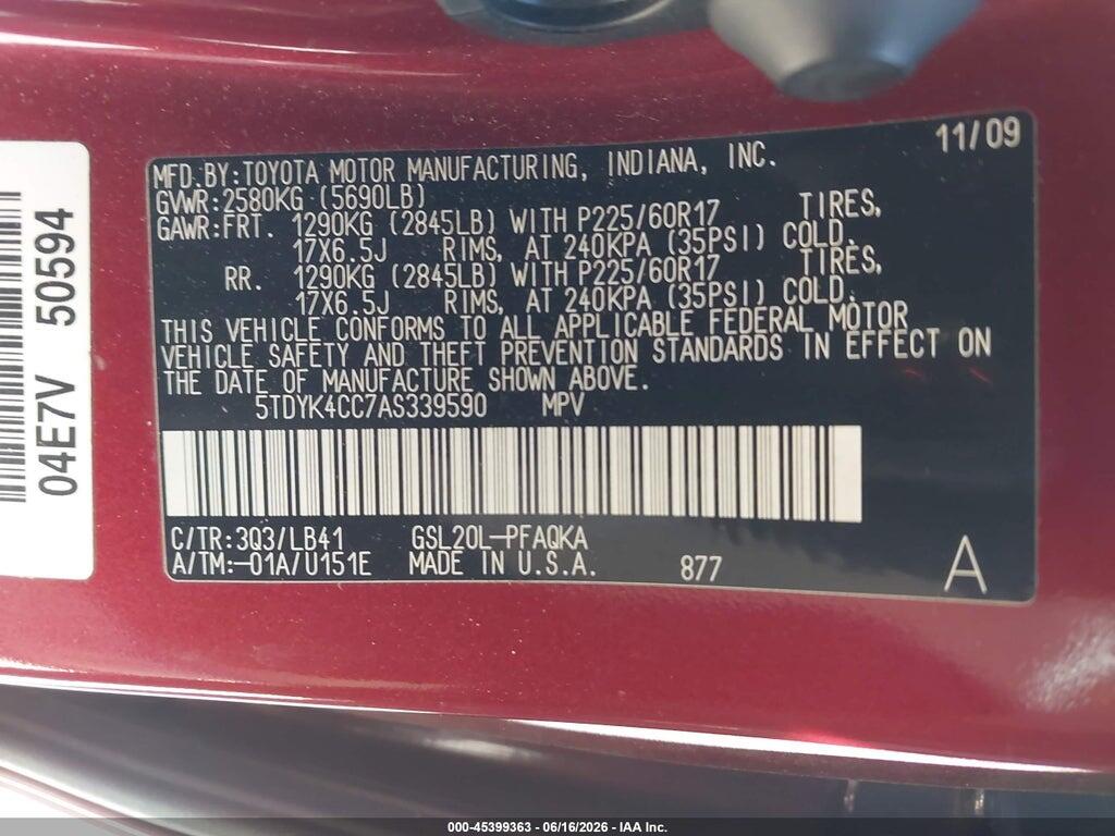5TDYK4CC7AS339590 2010 TOYOTA SIENNA photo no. 9