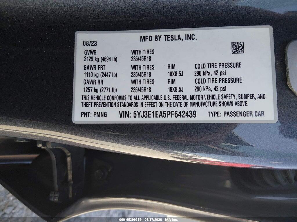 5YJ3E1EA5PF642439 2023 TESLA MODEL 3 photo no. 9