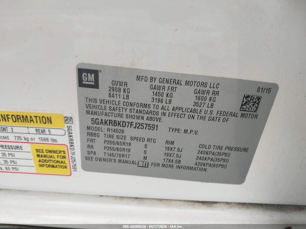 5GAKRBKD7FJ257591 2015 BUICK ENCLAVE photo no. 9