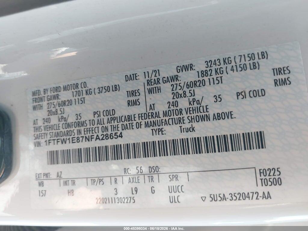 1FTFW1E87NFA28654 2022 FORD F-150 photo no. 9