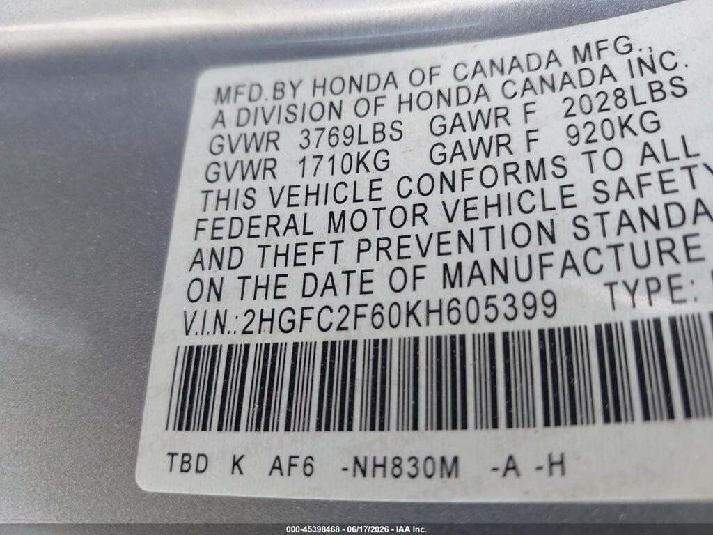 2HGFC2F60KH605399 2019 HONDA CIVIC photo no. 9