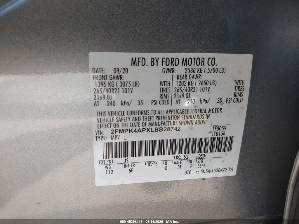 2FMPK4APXLBB28742 2020 FORD EDGE photo no. 9