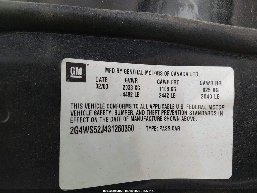 2G4WS52J431260350 2003 BUICK CENTURY photo no. 9