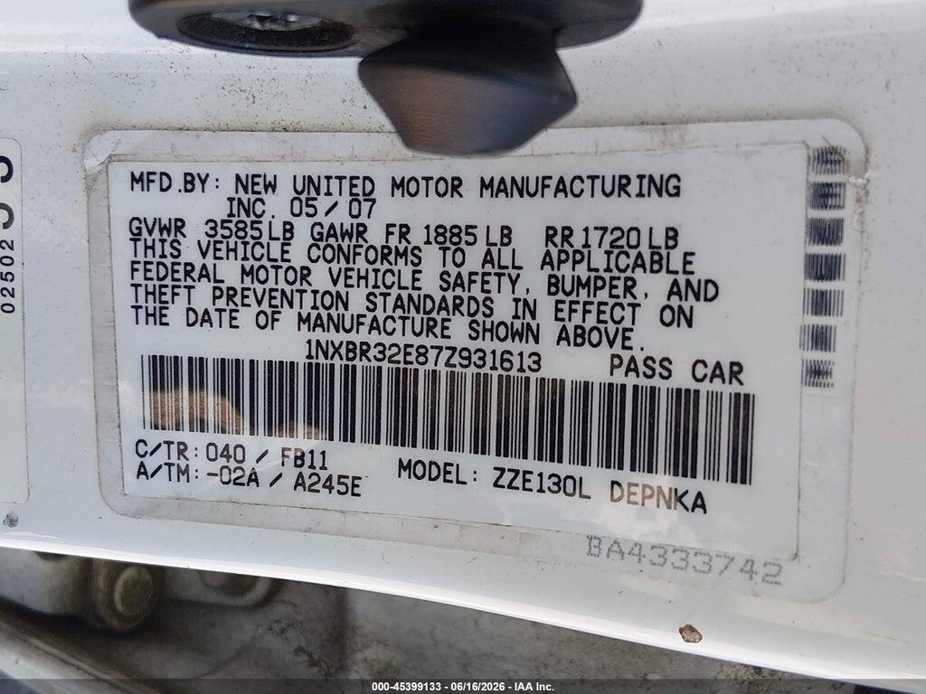 1NXBR32E87Z931613 2007 TOYOTA COROLLA photo no. 9