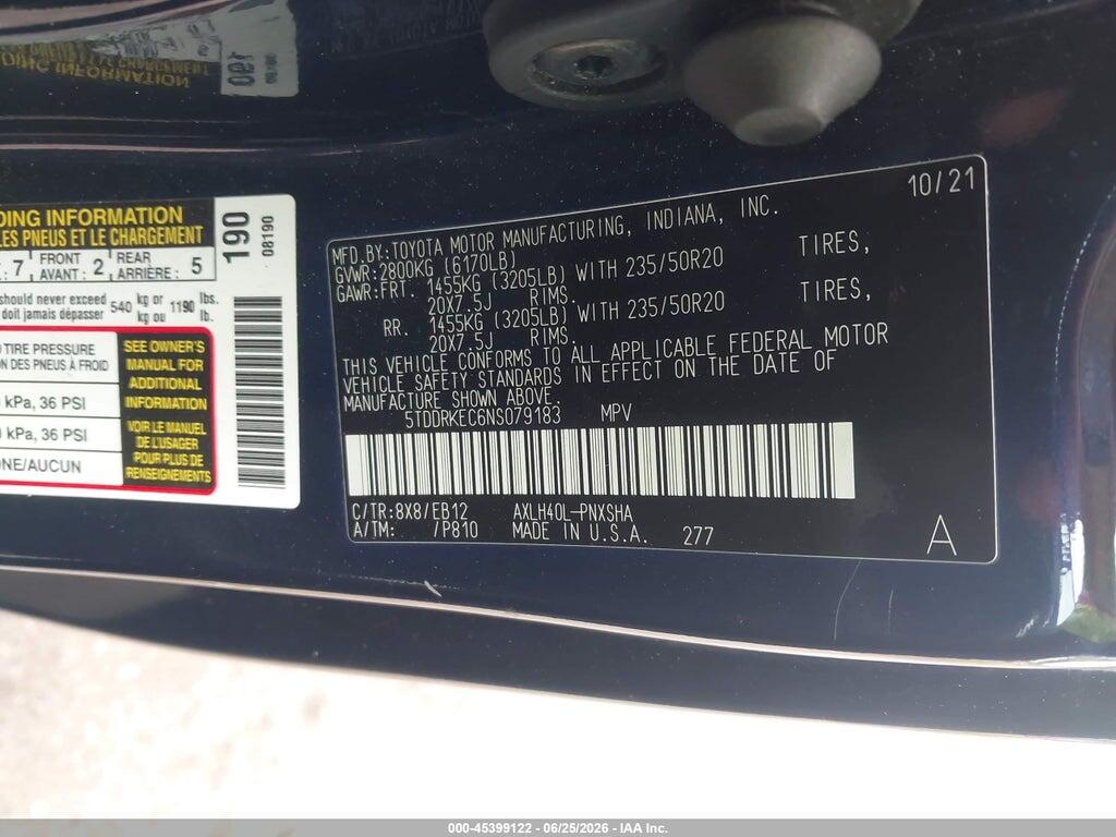 5TDDRKEC6NS079183 2022 TOYOTA SIENNA photo no. 9