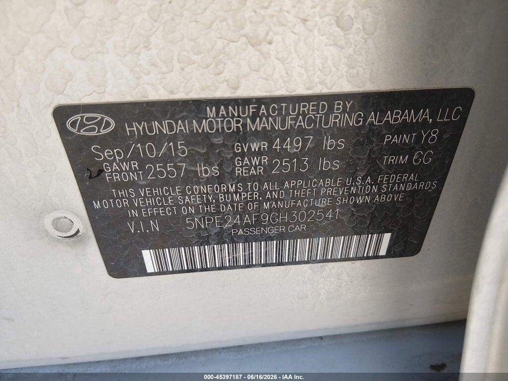 5NPE24AF9GH302541 2016 HYUNDAI SONATA photo no. 9