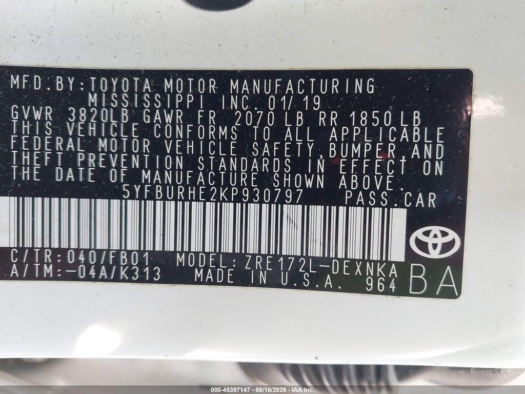 5YFBURHE2KP930797 2019 TOYOTA COROLLA photo no. 9