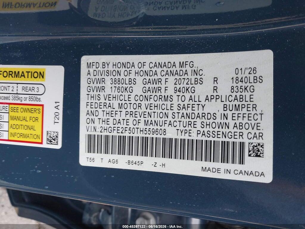 2HGFE2F50TH559608 2026 HONDA CIVIC photo no. 9