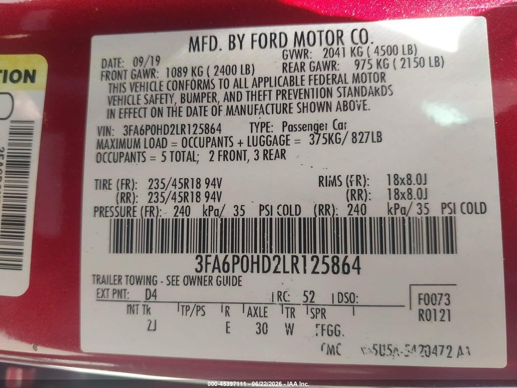 3FA6P0HD2LR125864 2020 FORD FUSION photo no. 9