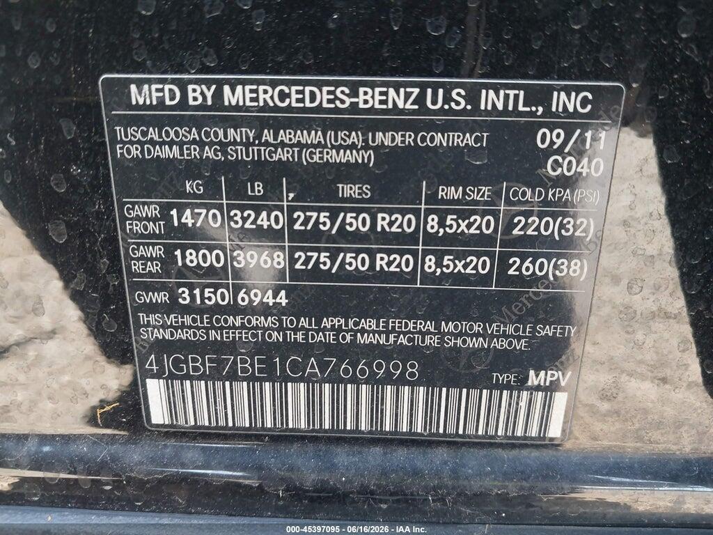 4JGBF7BE1CA766998 2012 MERCEDES-BENZ GL 450 photo no. 9