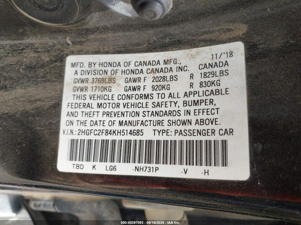 2HGFC2F84KH514685 2019 HONDA CIVIC photo no. 9