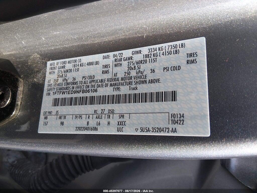1FTFW1ED9NFB06106 2022 FORD F-150 photo no. 9