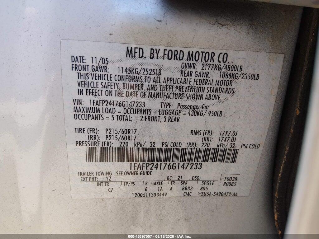 1FAFP24176G147233 2006 FORD FIVE HUNDRED photo no. 9
