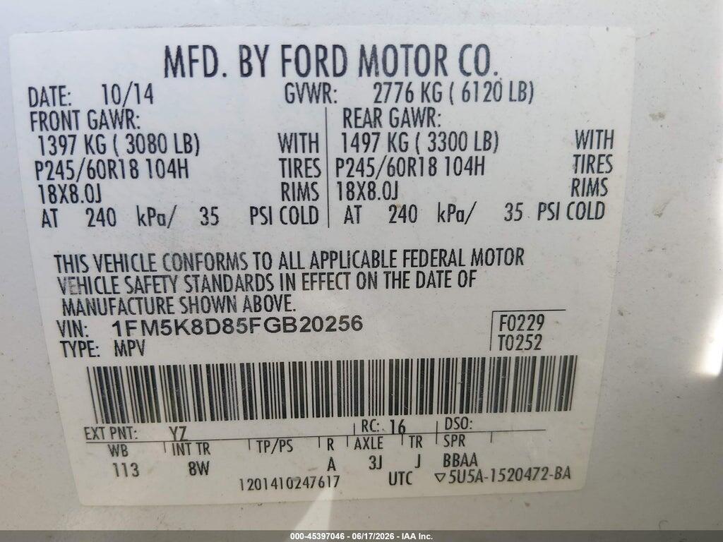 1FM5K8D85FGB20256 2015 FORD EXPLORER photo no. 9