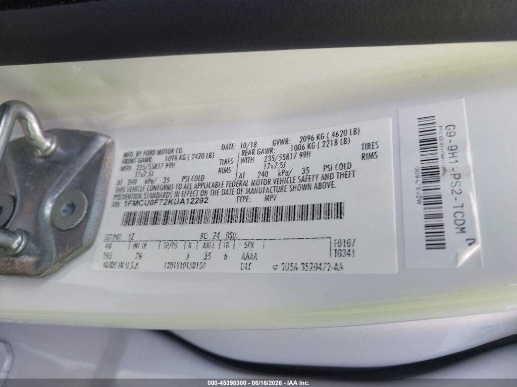 1FMCU0F72KUA12292 2019 FORD ESCAPE photo no. 9