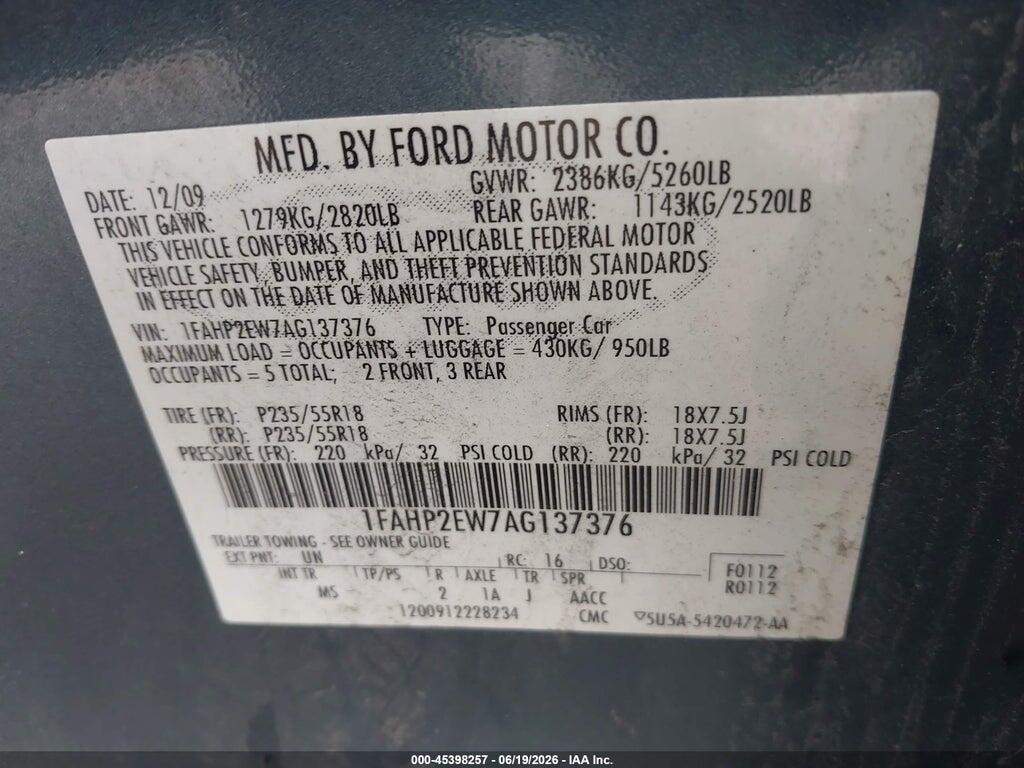 1FAHP2EW7AG137376 2010 FORD TAURUS photo no. 9