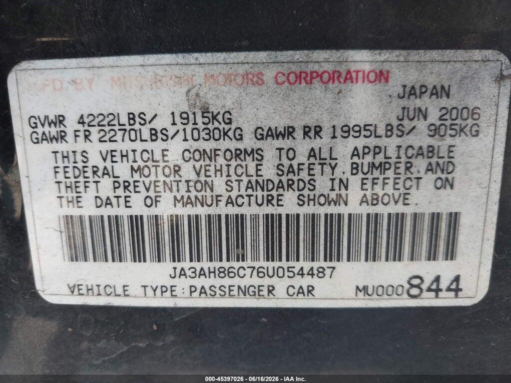 JA3AH86C76U054487 2006 MITSUBISHI LANCER EVOLUTION photo no. 9
