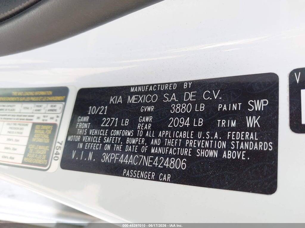 3KPF44AC7NE424806 2022 KIA FORTE photo no. 9