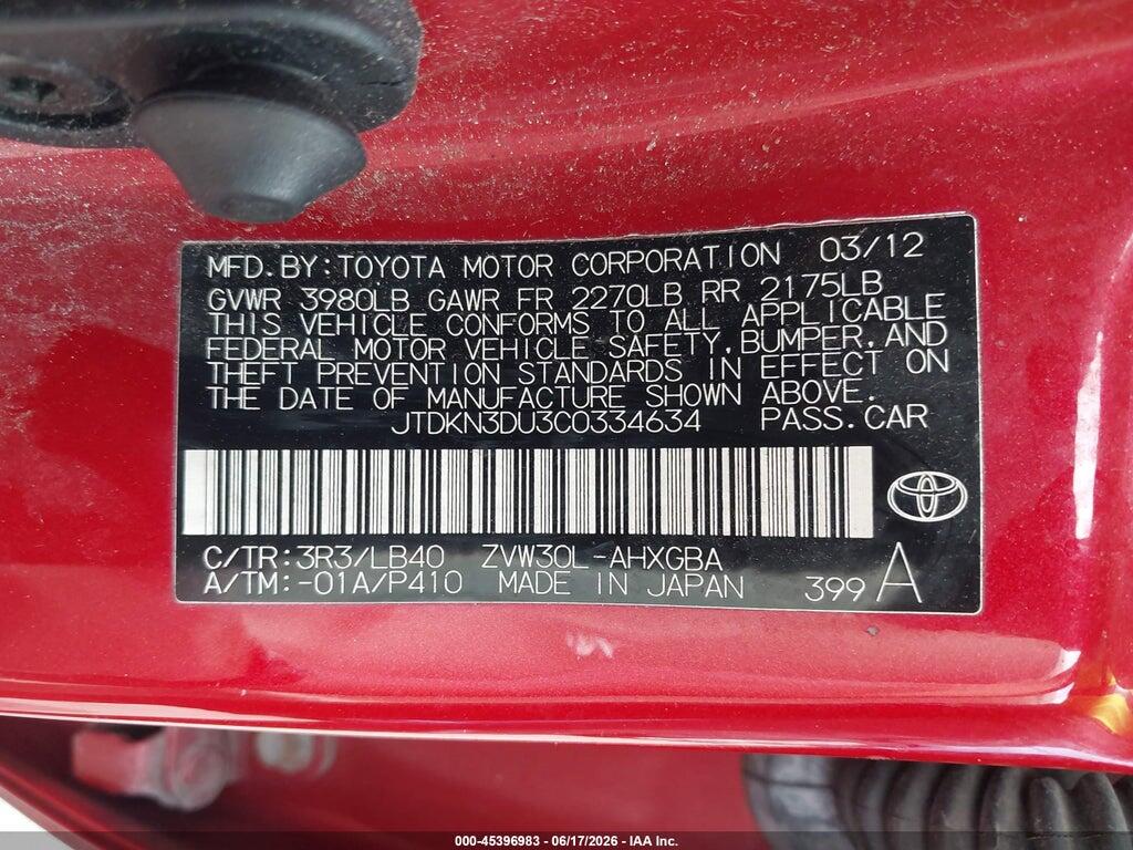 JTDKN3DU3C0334634 2012 TOYOTA PRIUS photo no. 9