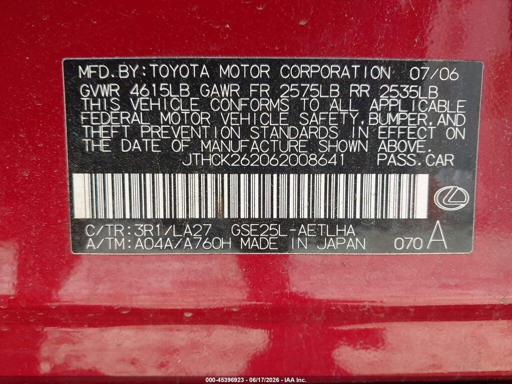JTHCK262062008641 2006 LEXUS IS 250 photo no. 9
