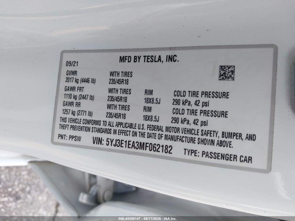 5YJ3E1EA3MF062182 2021 TESLA MODEL 3 photo no. 9