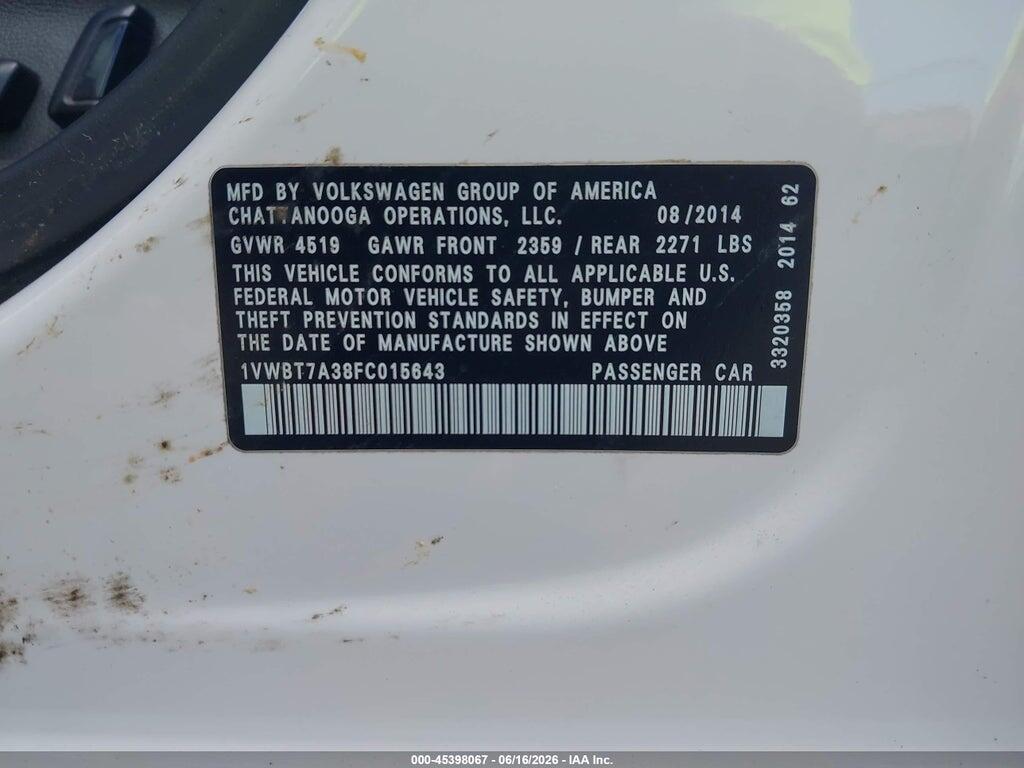 1VWBT7A38FC015643 2015 VOLKSWAGEN PASSAT photo no. 9