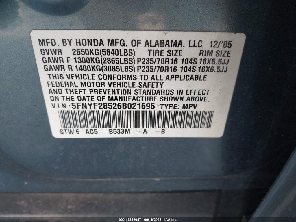 5FNYF28526B021696 2006 HONDA PILOT photo no. 9