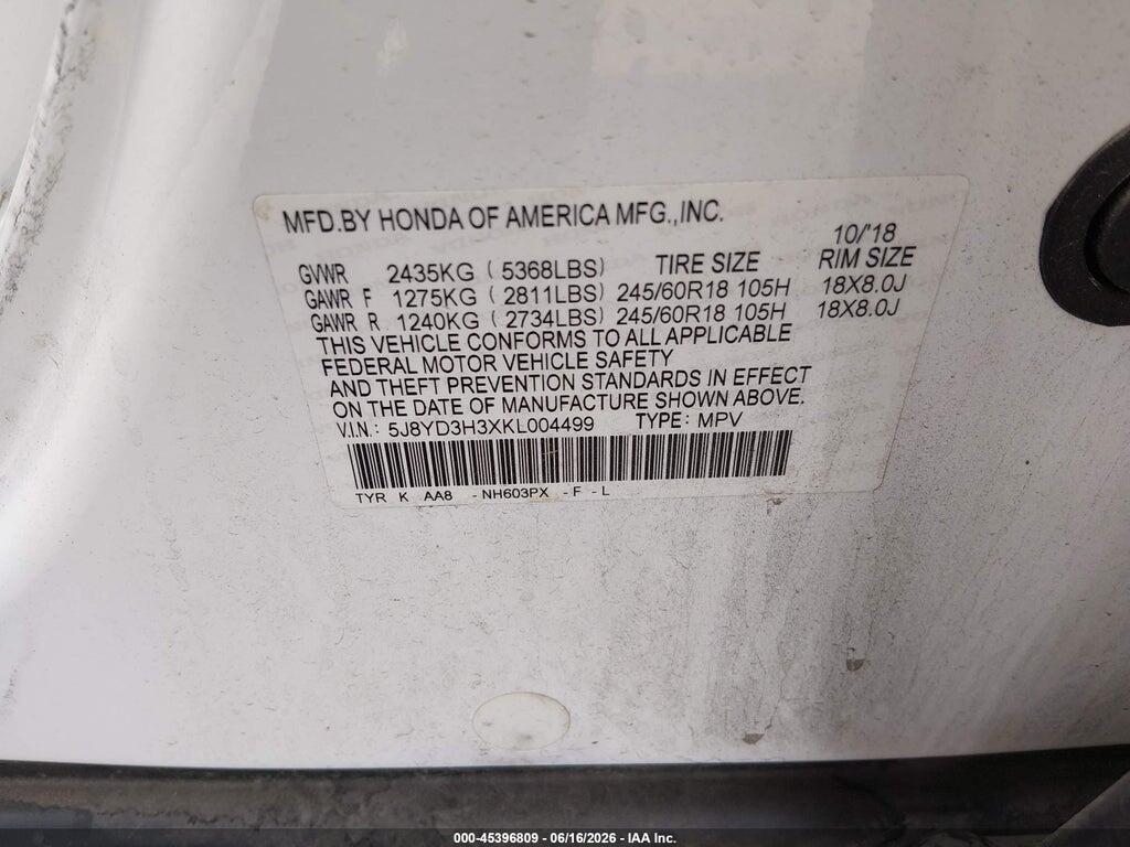 5J8YD3H3XKL004499 2019 ACURA MDX photo no. 9