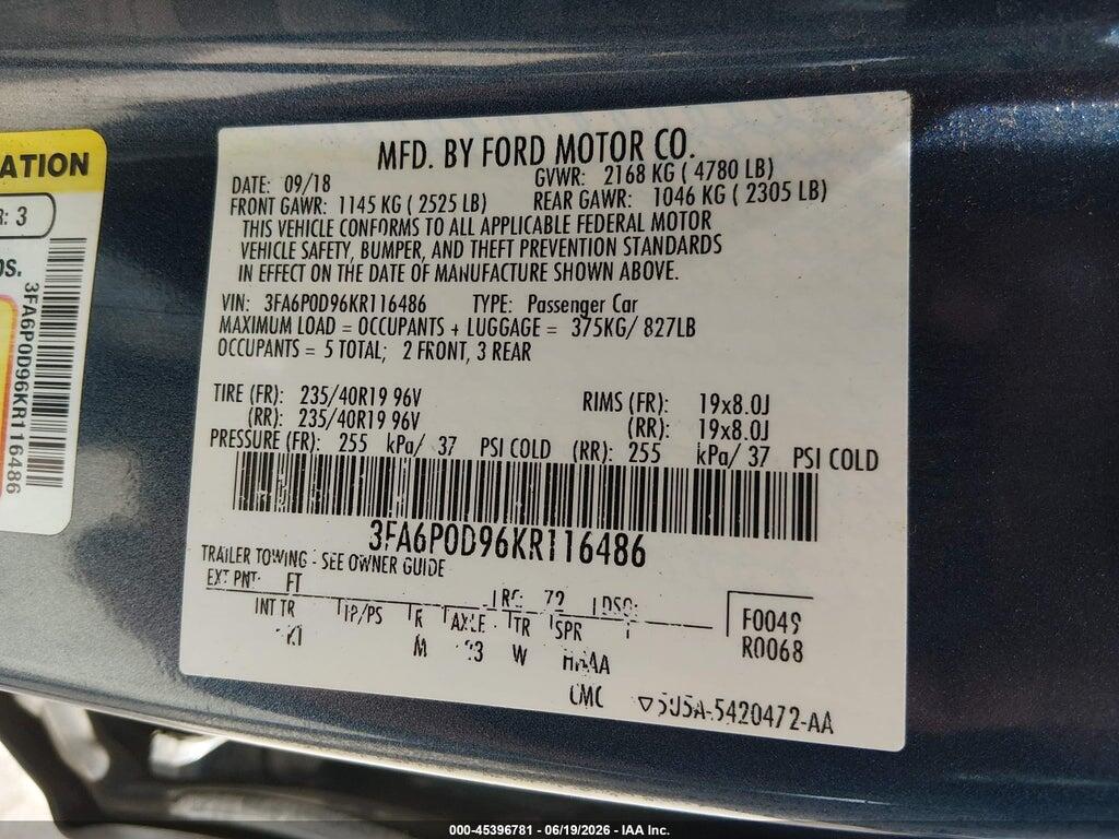 3FA6P0D96KR116486 2019 FORD FUSION photo no. 9