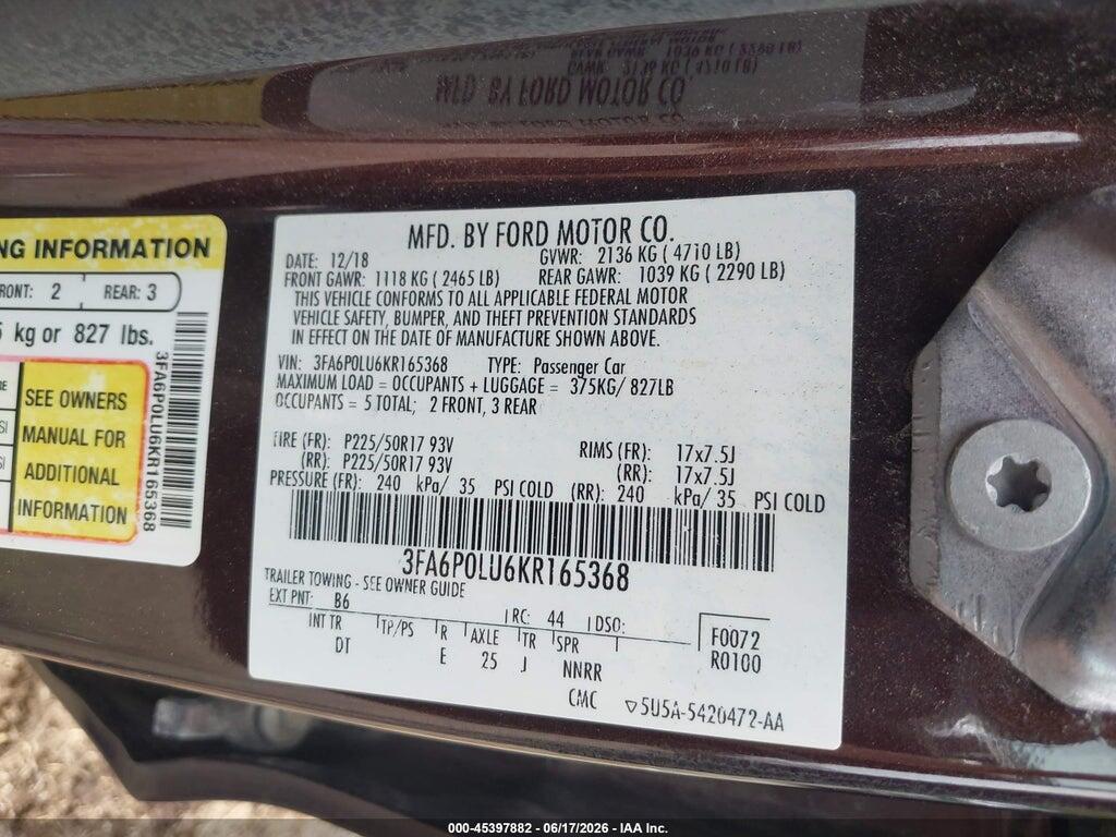 3FA6P0LU6KR165368 2019 FORD FUSION HYBRID photo no. 9