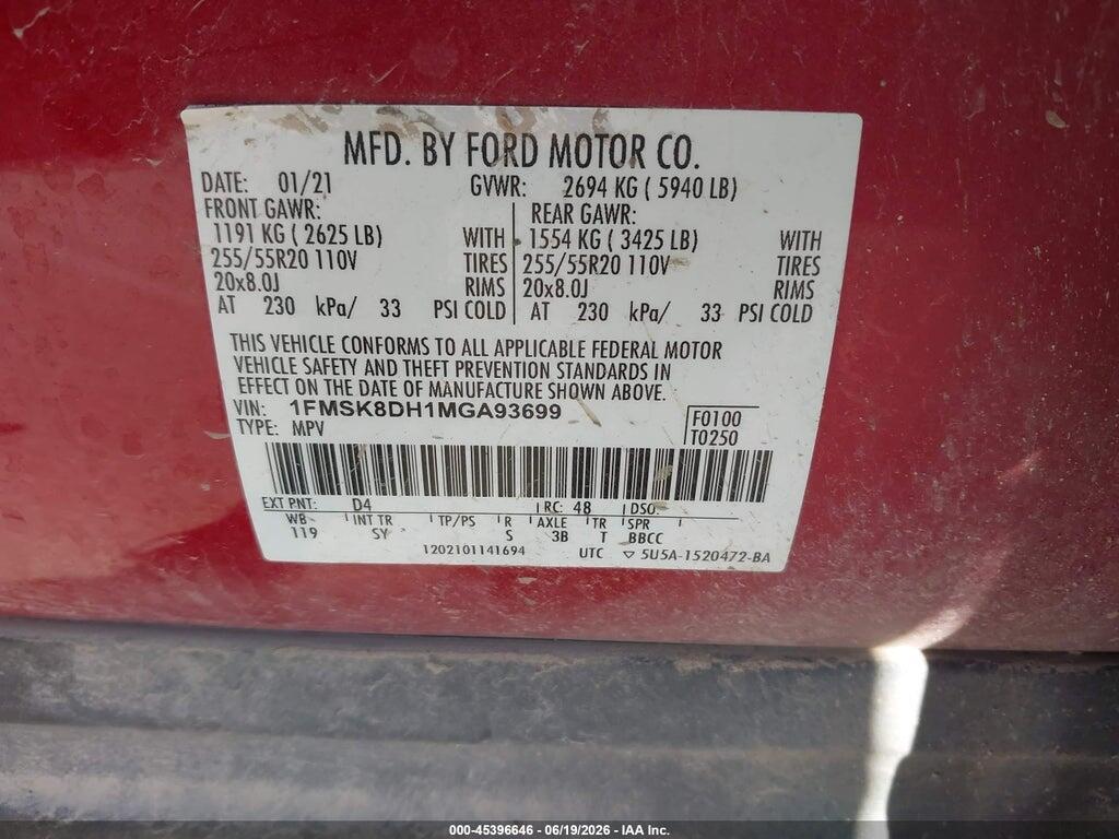 1FMSK8DH1MGA93699 2021 FORD EXPLORER photo no. 9