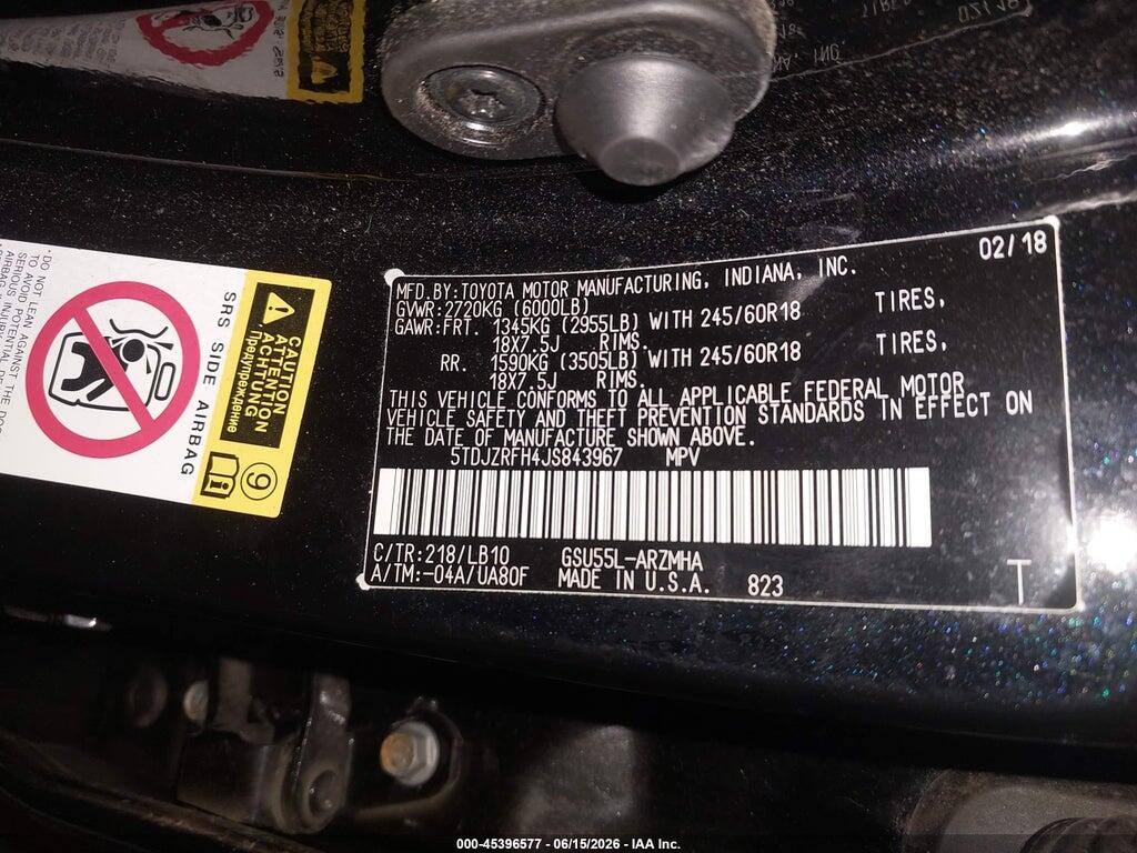 5TDJZRFH4JS843967 2018 TOYOTA HIGHLANDER photo no. 9