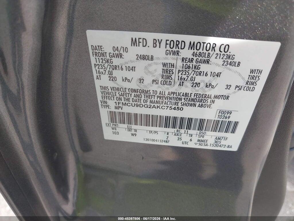 1FMCU9DG2AKC75450 2010 FORD ESCAPE photo no. 9