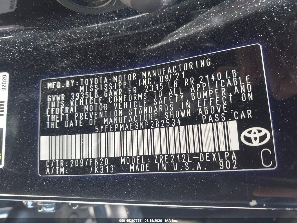 5YFEPMAE8NP282534 2022 TOYOTA COROLLA photo no. 9