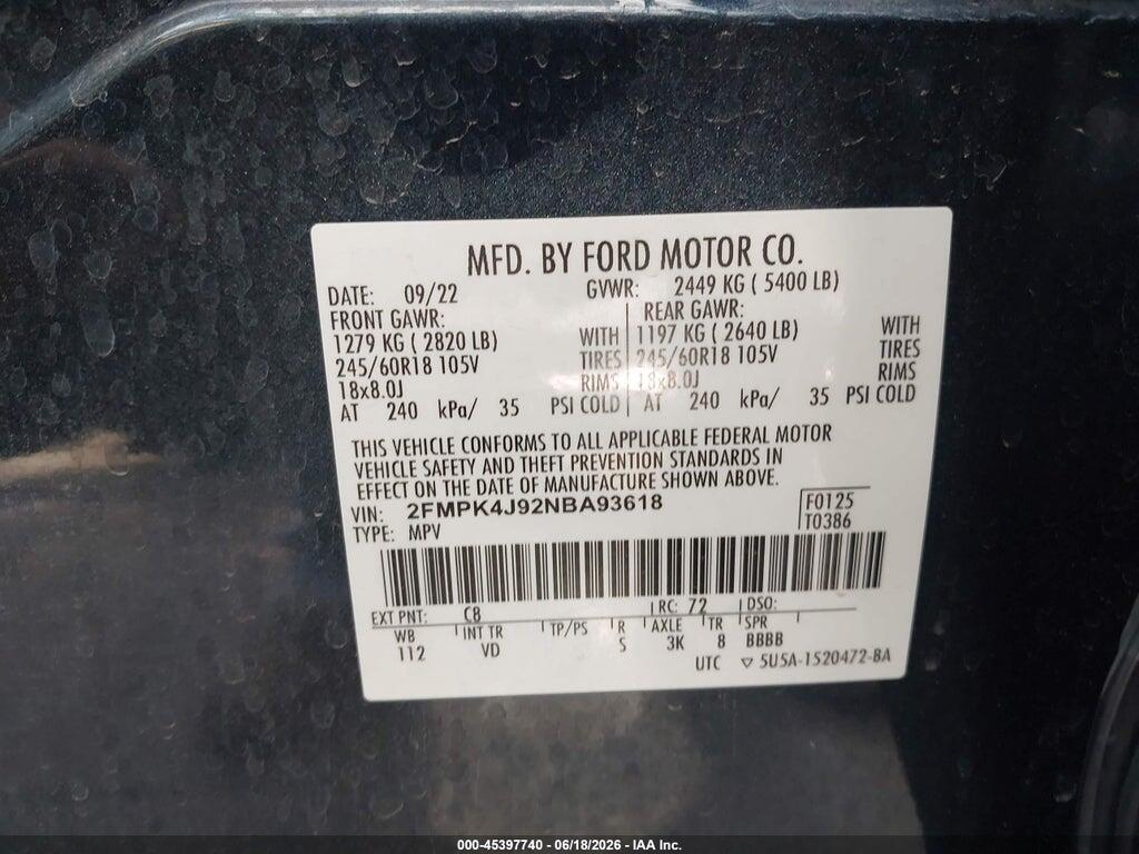 2FMPK4J92NBA93618 2022 FORD EDGE photo no. 9