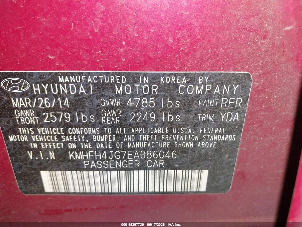 KMHFH4JG7EA386046 2014 HYUNDAI AZERA photo no. 9