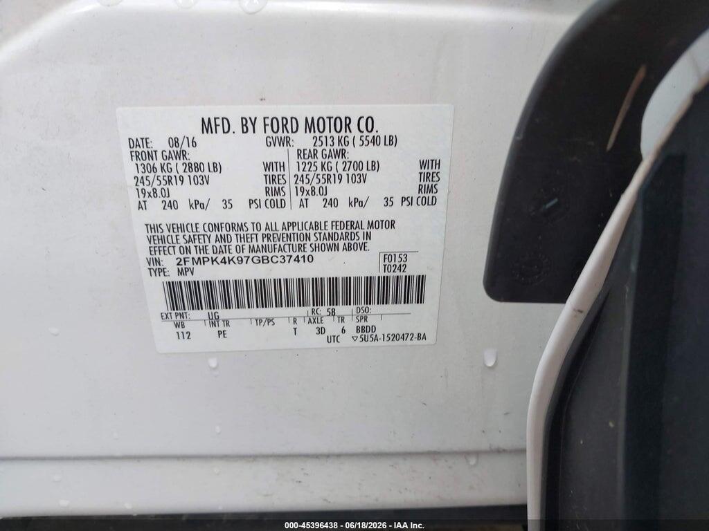 2FMPK4K97GBC37410 2016 FORD EDGE photo no. 9