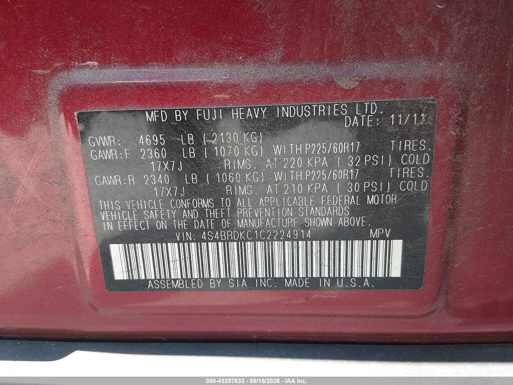 4S4BRDKC1C2224914 2012 SUBARU OUTBACK photo no. 9