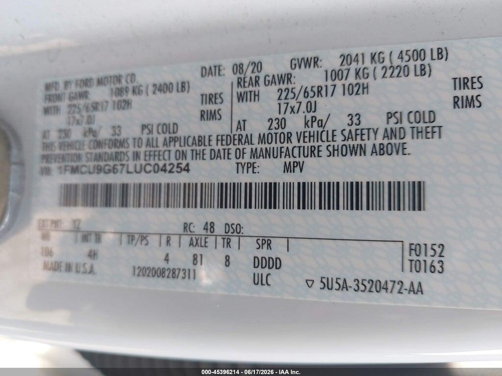 1FMCU9G67LUC04254 2020 FORD ESCAPE photo no. 9