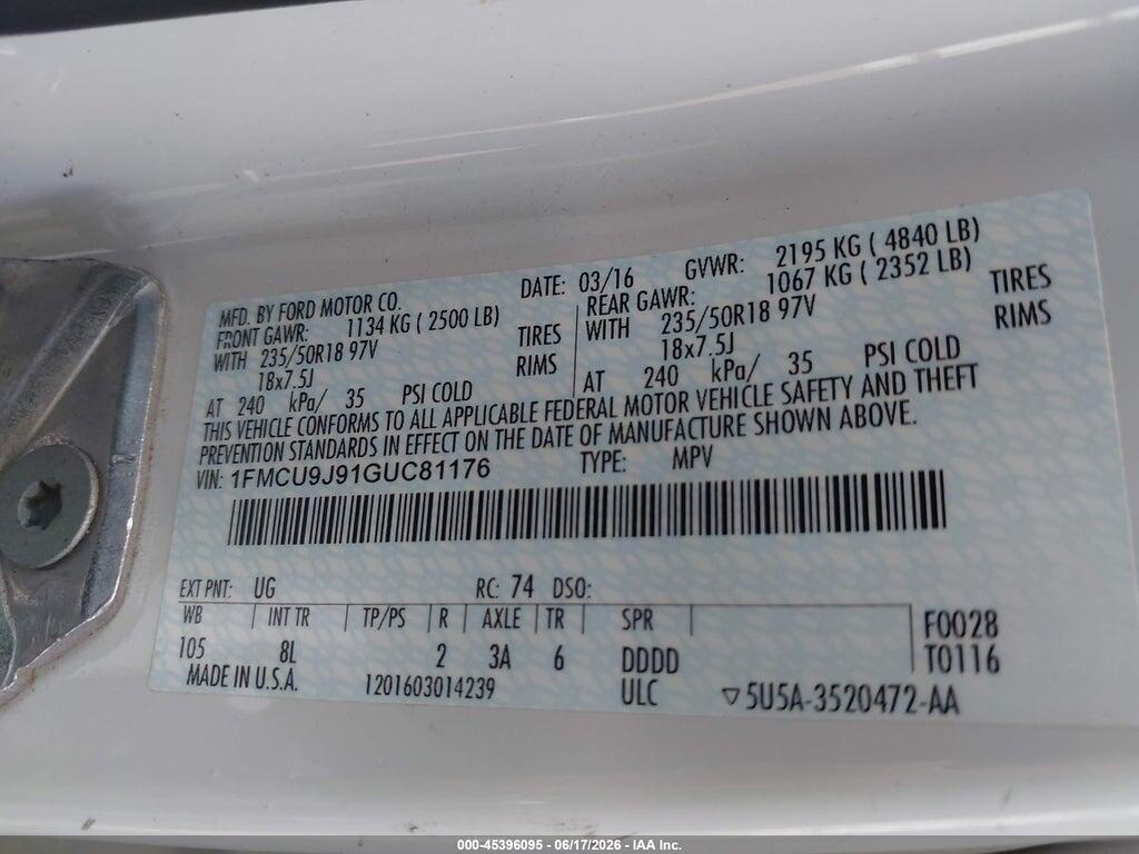 1FMCU9J91GUC81176 2016 FORD ESCAPE photo no. 9