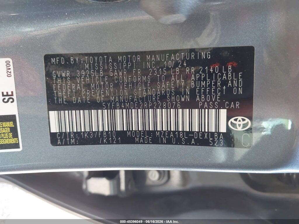 5YFB4MDE2RP228076 2024 TOYOTA COROLLA photo no. 9