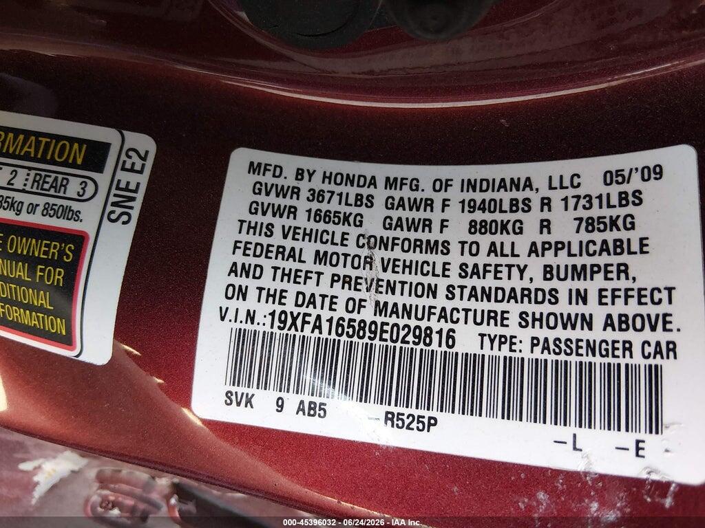 19XFA16589E029816 2009 HONDA CIVIC photo no. 9