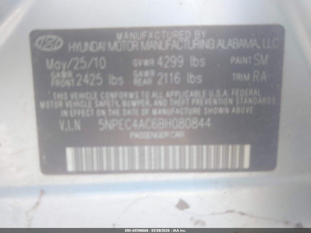5NPEC4AC6BH080844 2011 HYUNDAI SONATA photo no. 9