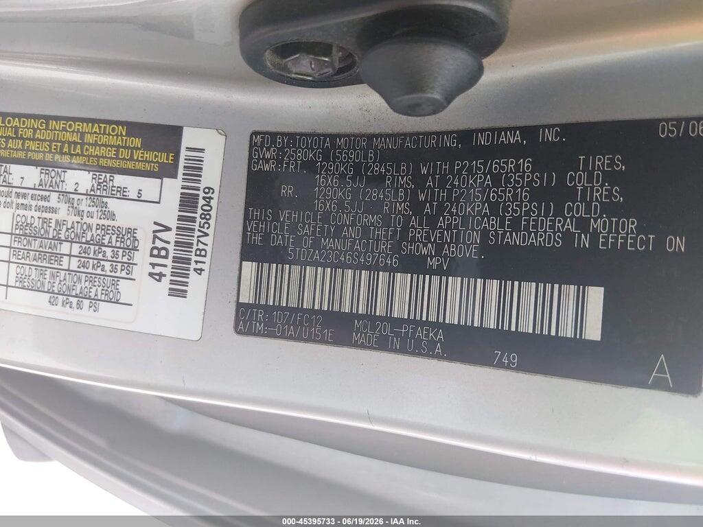 5TDZA23C46S497646 2006 TOYOTA SIENNA photo no. 9
