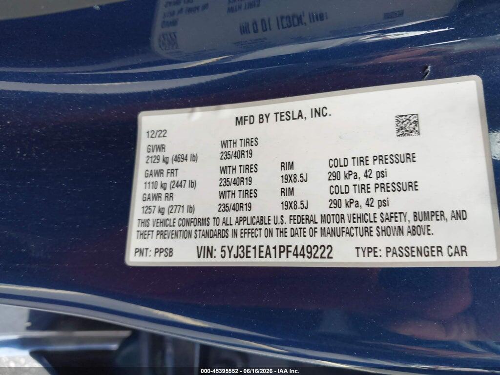 5YJ3E1EA1PF449222 2023 TESLA MODEL 3 photo no. 9
