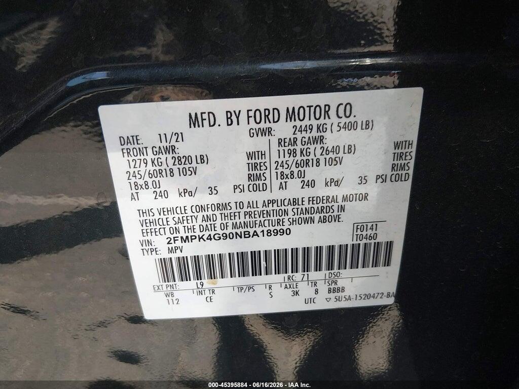 2FMPK4G90NBA18990 2022 FORD EDGE photo no. 9