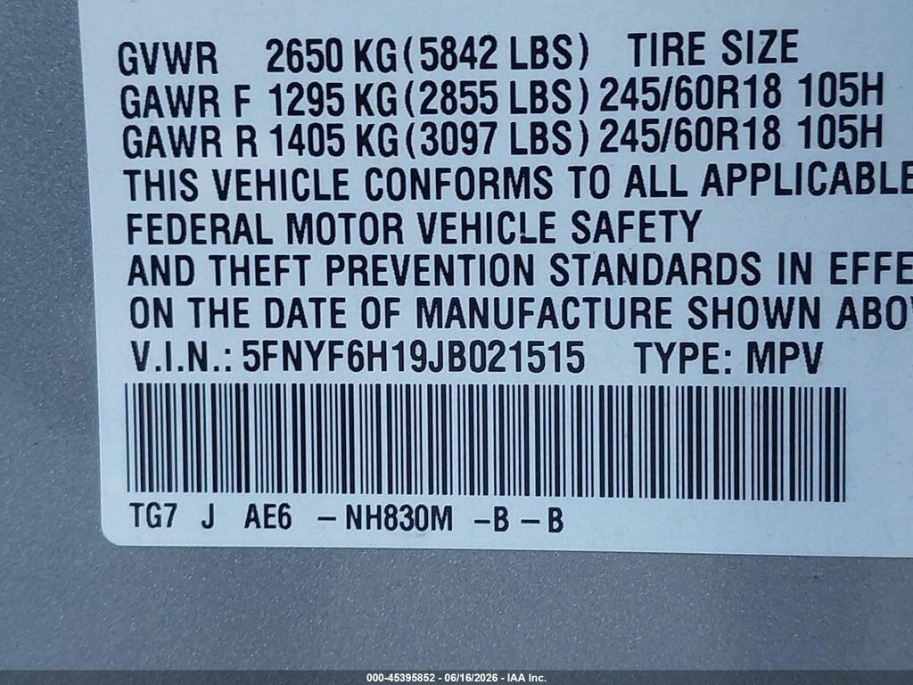 5FNYF6H19JB021515 2018 HONDA PILOT photo no. 9