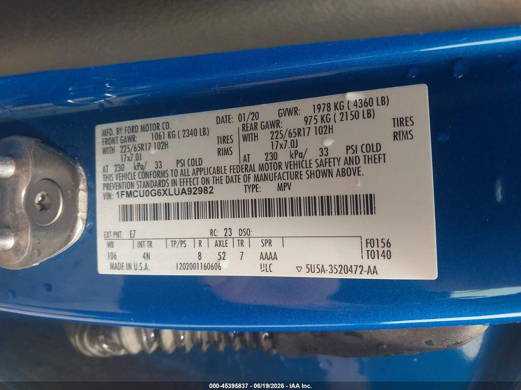 1FMCU0G6XLUA92982 2020 FORD ESCAPE photo no. 9
