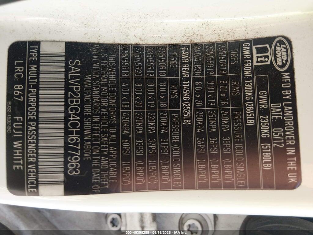 SALVP2BG4CH677963 2012 LAND ROVER RANGE ROVER EVOQUE photo no. 9